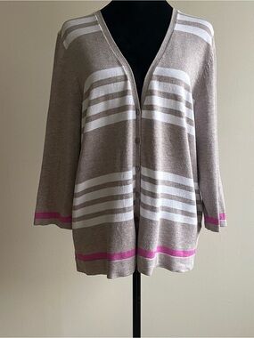 Leo & Nicole Striped Button Front Cardigan Sweater L Pink Accent